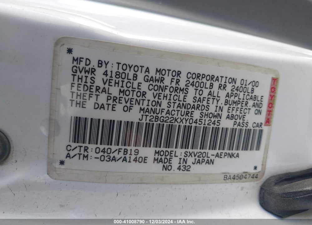2000 TOYOTA CAMRY CE/LE/XLE VIN: JT2BG22KXY0451249