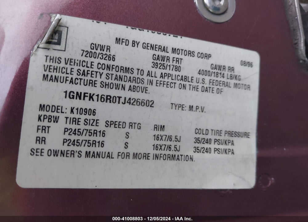 1996 CHEVROLET SUBURBAN K1500 VIN: 1GNFK16R0TJ426602