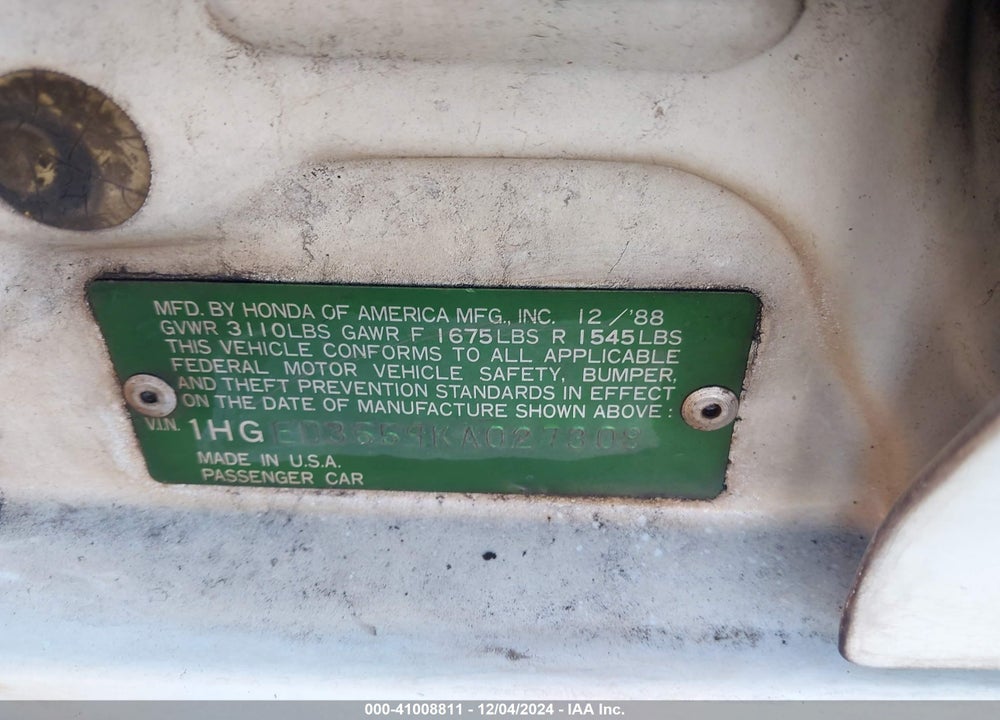 1989 HONDA CIVIC LX VIN: 1HGED3559KA027308