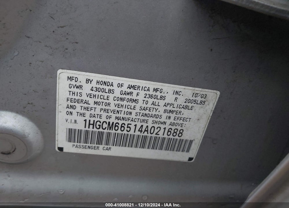 2004 HONDA ACCORD 3.0 EX VIN: 1HGCM66514A021688