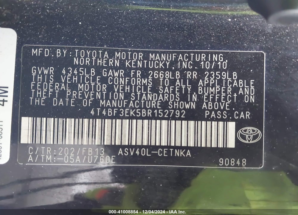 2011 TOYOTA CAMRY LE VIN: 4T4BF3EK5BR152792