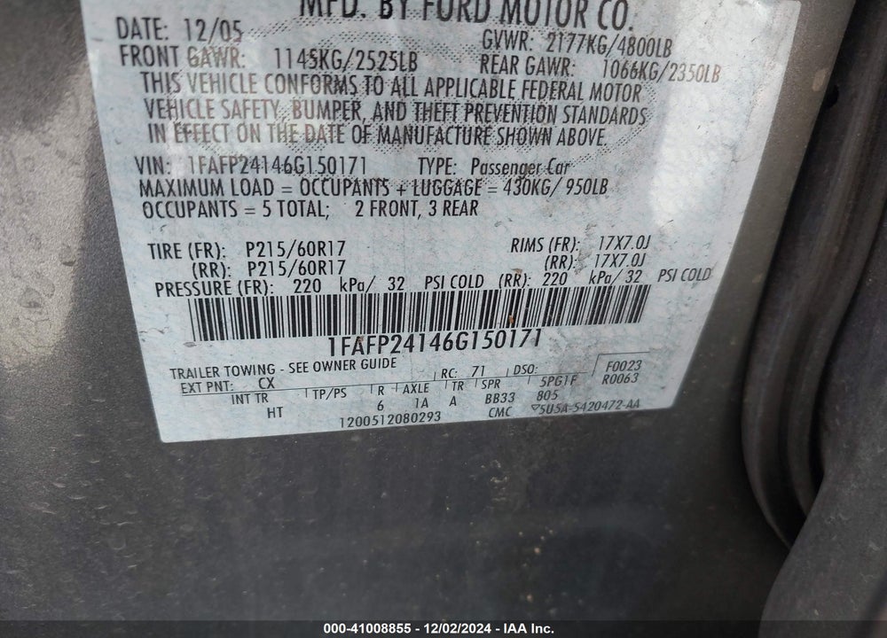 2006 FORD FIVE HUNDRED SEL VIN: 1FAFP24146G150171