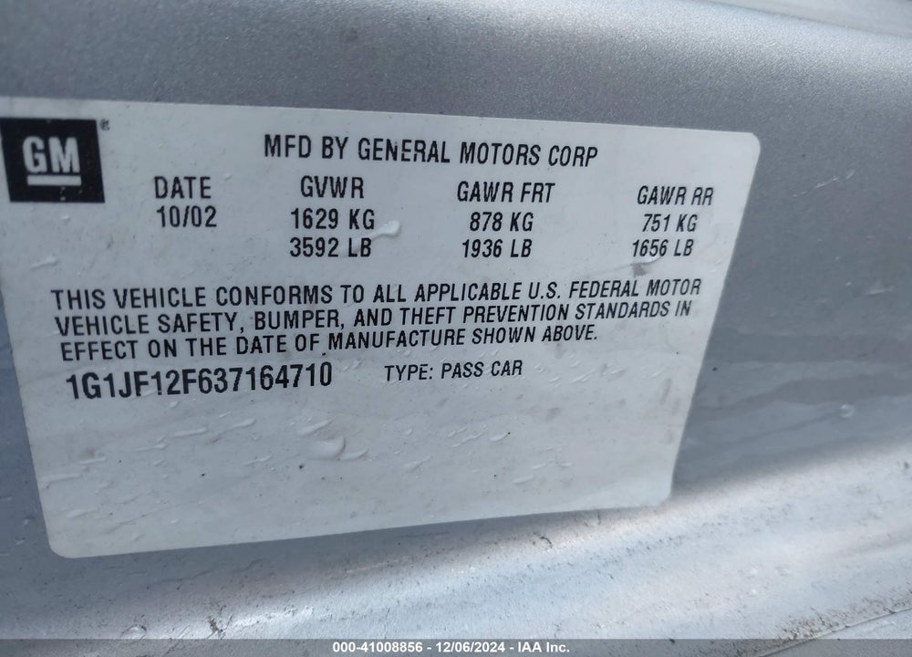 2003 CHEVROLET CAVALIER LS VIN: 1G1JF12F637164710
