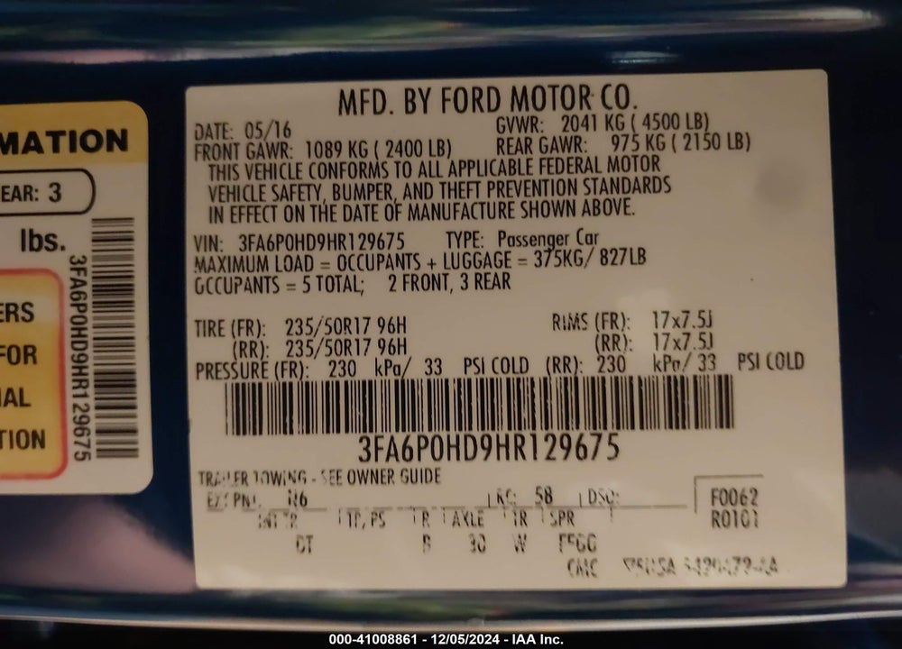 2017 FORD FUSION SE VIN: 3FA6P0HD9HR129675