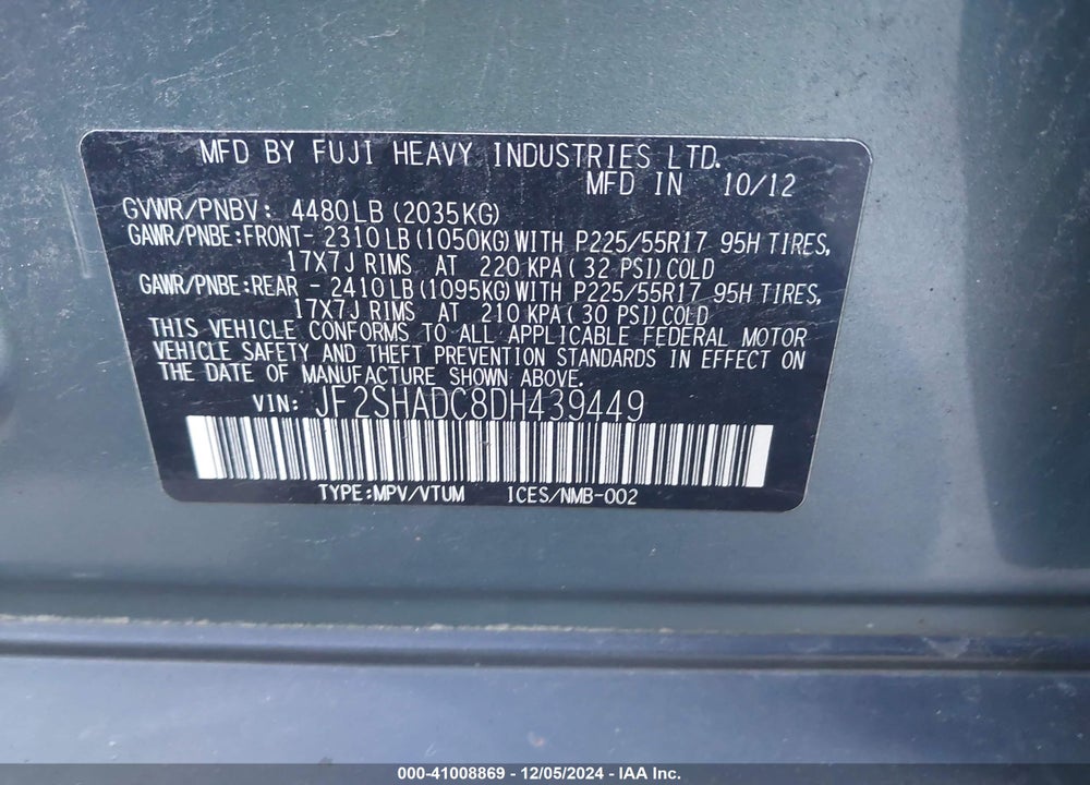 2013 SUBARU FORESTER 2.5X PREMIUM VIN: JF2SHADC8DH439449