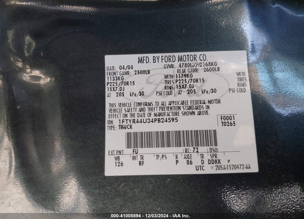 2004 FORD RANGER EDGE/TREMOR/XLT VIN: 1FTYR44U34PB24595