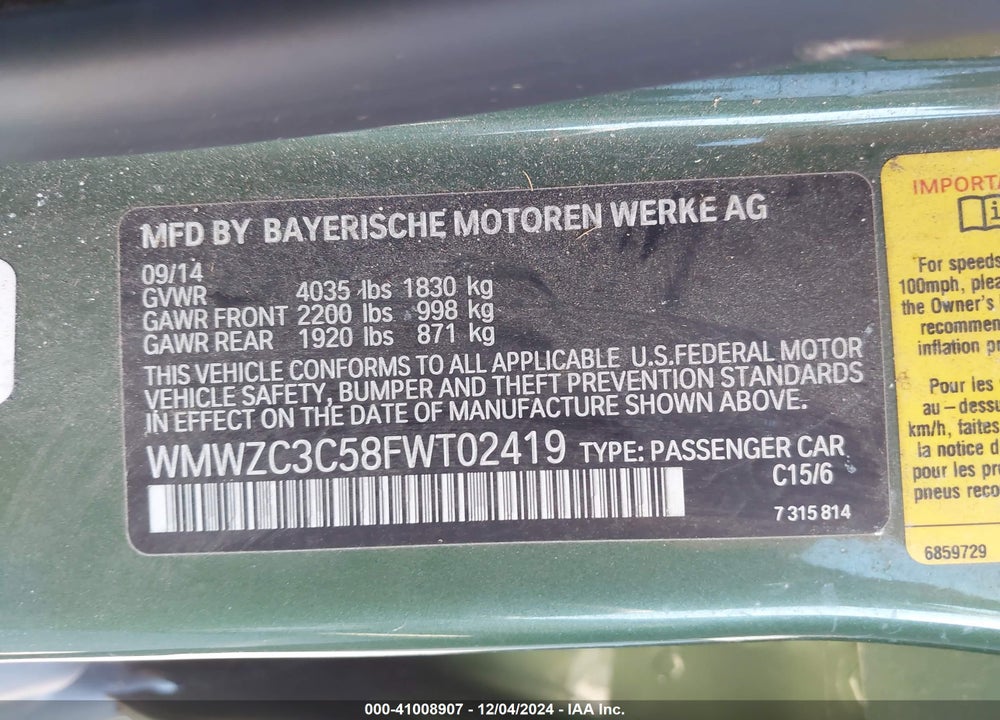 2015 MINI COUNTRYMAN COOPER S VIN: WMWZC3C58FWT02419