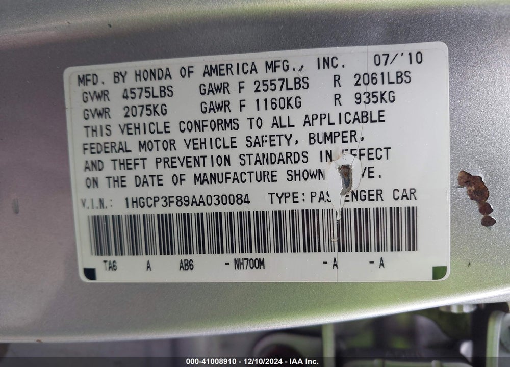 2010 HONDA ACCORD 3.5 EX-L VIN: 1HGCP3F89AA030084