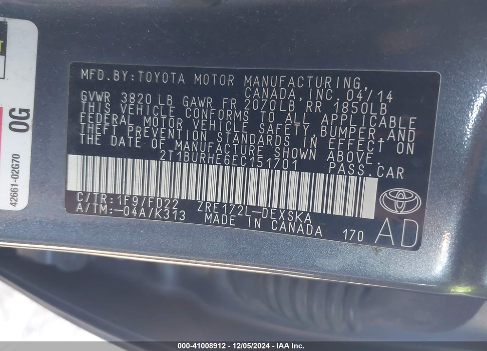 2014 TOYOTA COROLLA S VIN: 2T1BURHE6EC151701