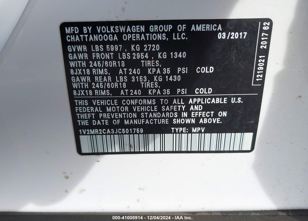 2018 VOLKSWAGEN ATLAS 3.6L V6 SEL VIN: 1V2MR2CA3JC501759