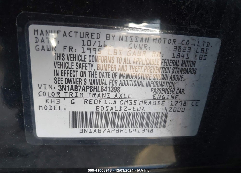 2017 NISSAN SENTRA SV VIN: 3N1AB7AP8HL641398