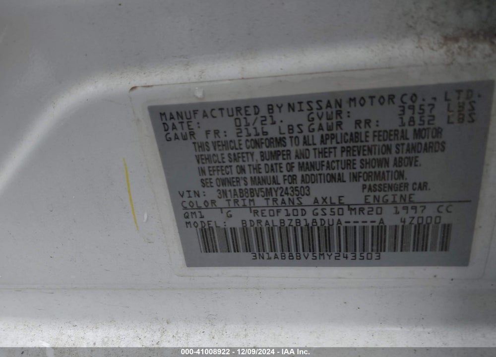 2021 NISSAN SENTRA VIN: 3N1AB8BV5MY243503