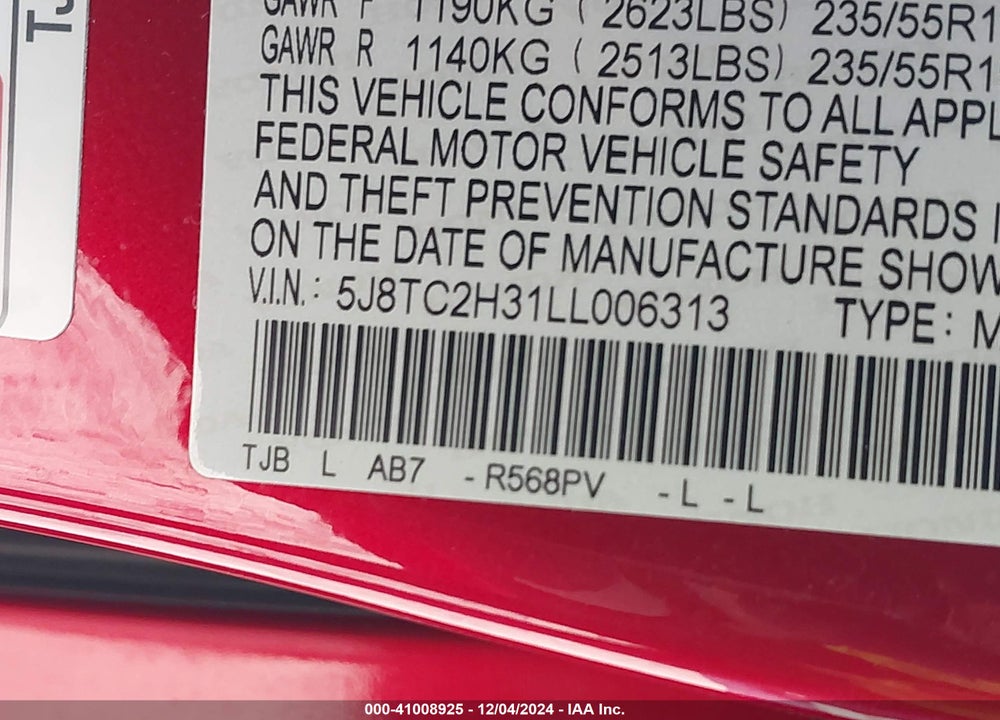 2020 ACURA RDX STANDARD VIN: 5J8TC2H31LL006313