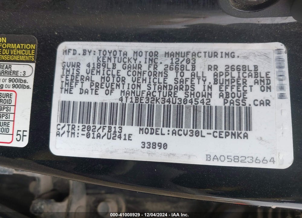 2004 TOYOTA CAMRY LE VIN: 4T1BE32K34U304542