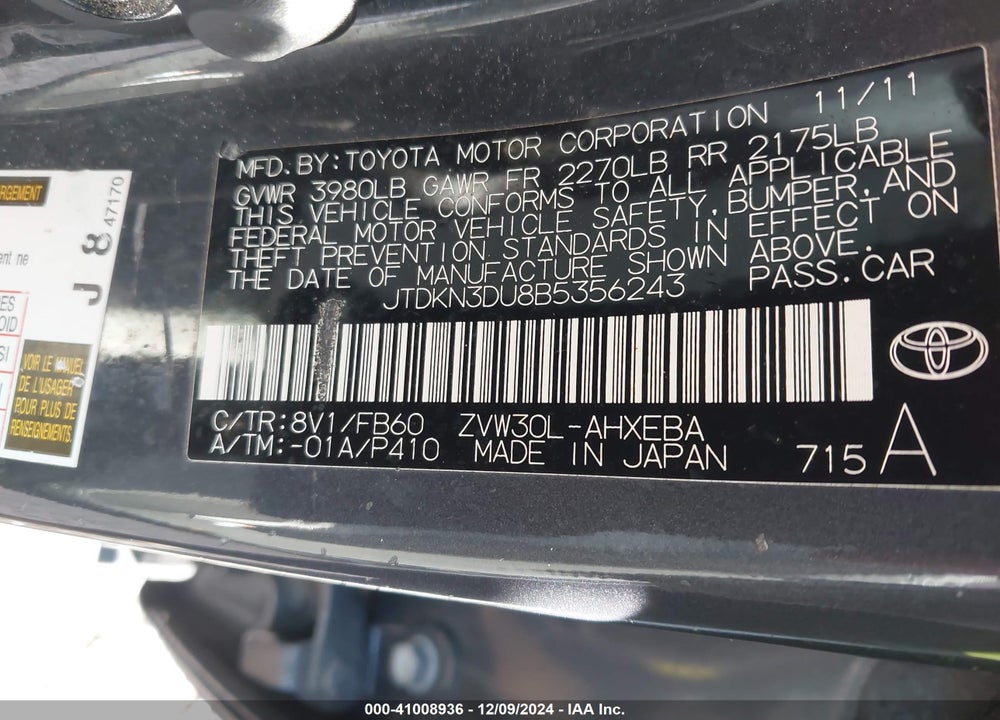 2011 TOYOTA PRIUS TWO VIN: JTDKN3DU8B5356243