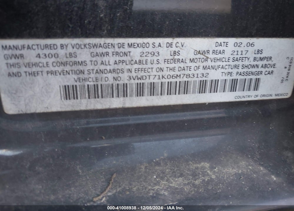 2006 VOLKSWAGEN JETTA TDI VIN: 3VWDT71K06M783132