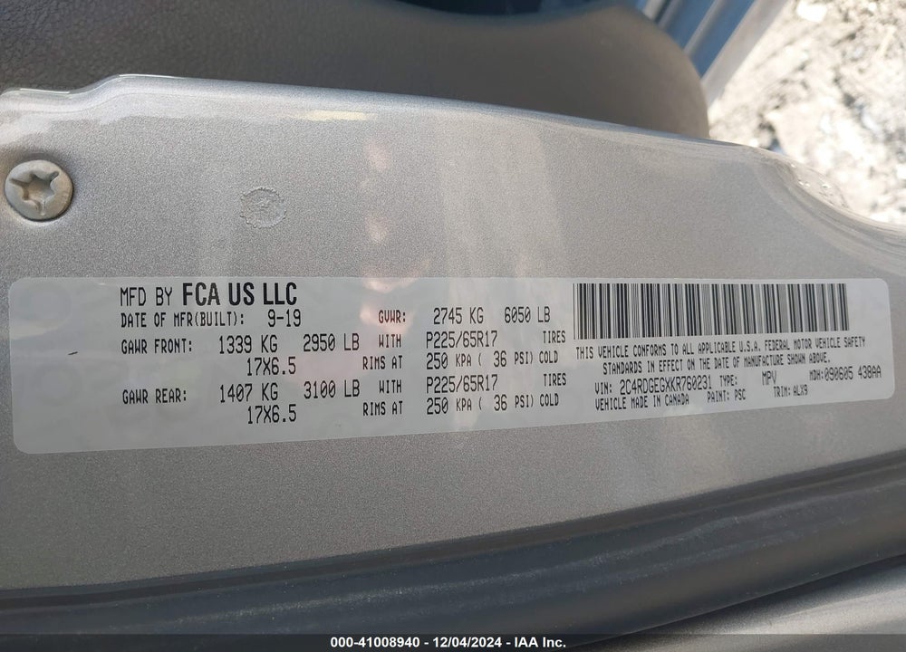 2019 DODGE GRAND CARAVAN GT VIN: 2C4RDGEGXKR760231