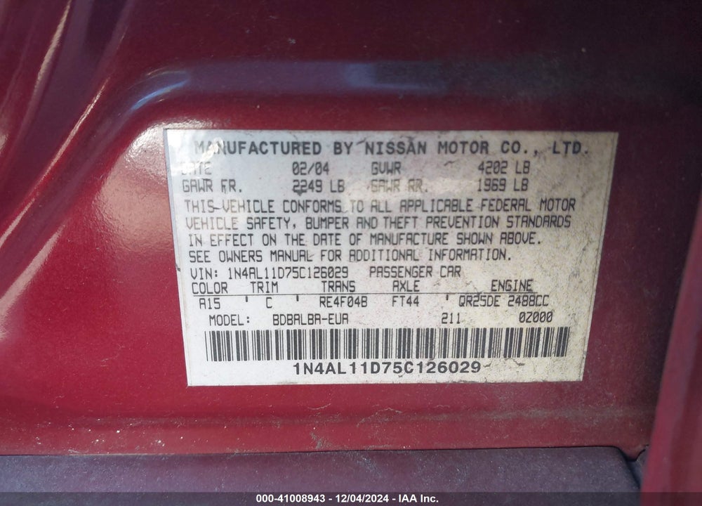 2005 NISSAN ALTIMA 2.5 S VIN: 1N4AL11D75C126029
