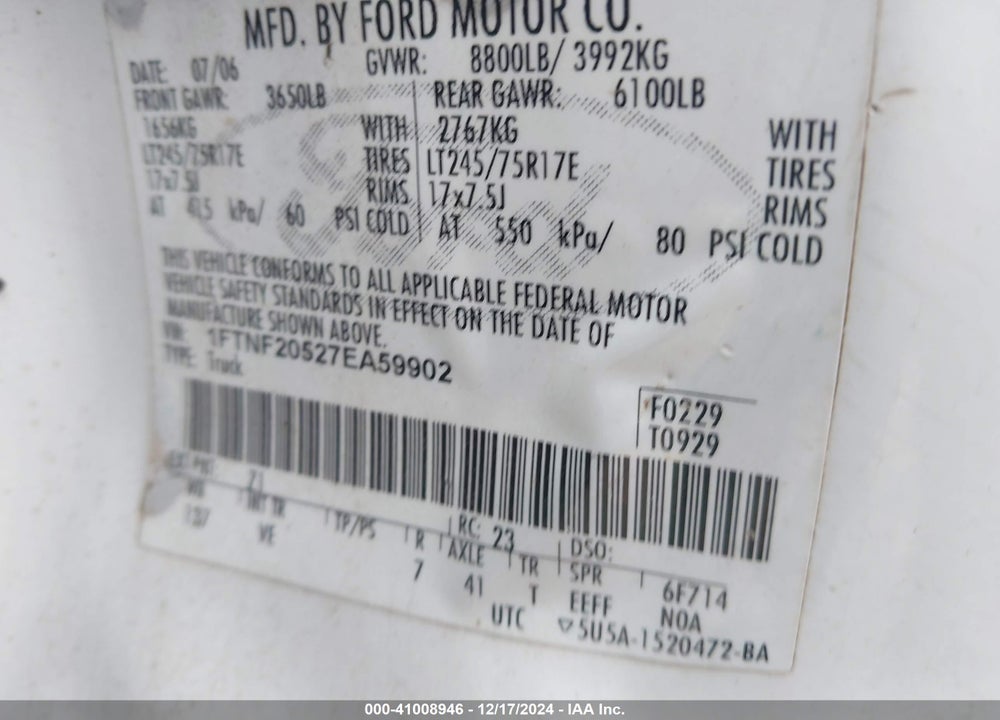 2007 FORD SUPER DUTY F-250 VIN: 1FTNF20527EA59902