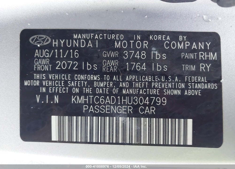 2017 HYUNDAI VELOSTER VIN: KMHTC6AD1HU304799