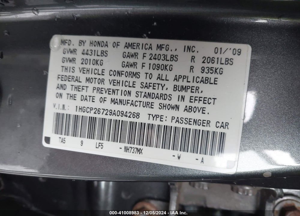 2009 HONDA ACCORD 2.4 EX VIN: 1HGCP26729A094268