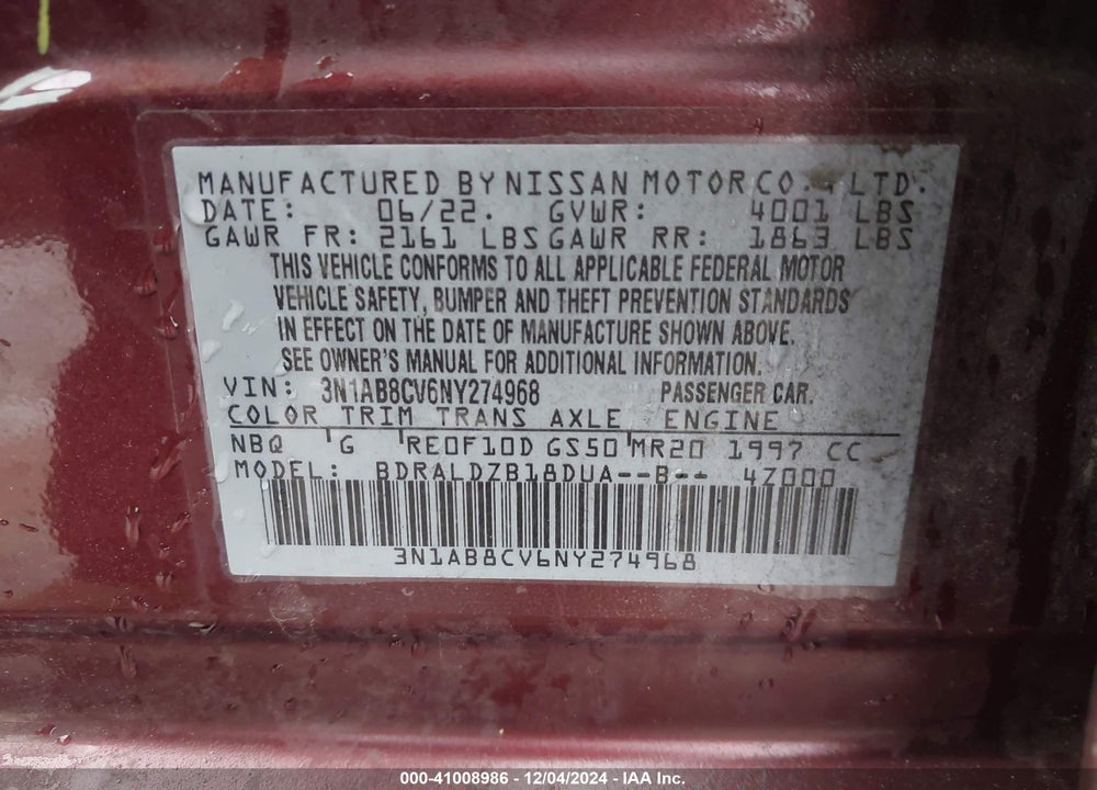 2022 NISSAN SENTRA SV XTRONIC CVT VIN: 3N1AB8CV6NY274968