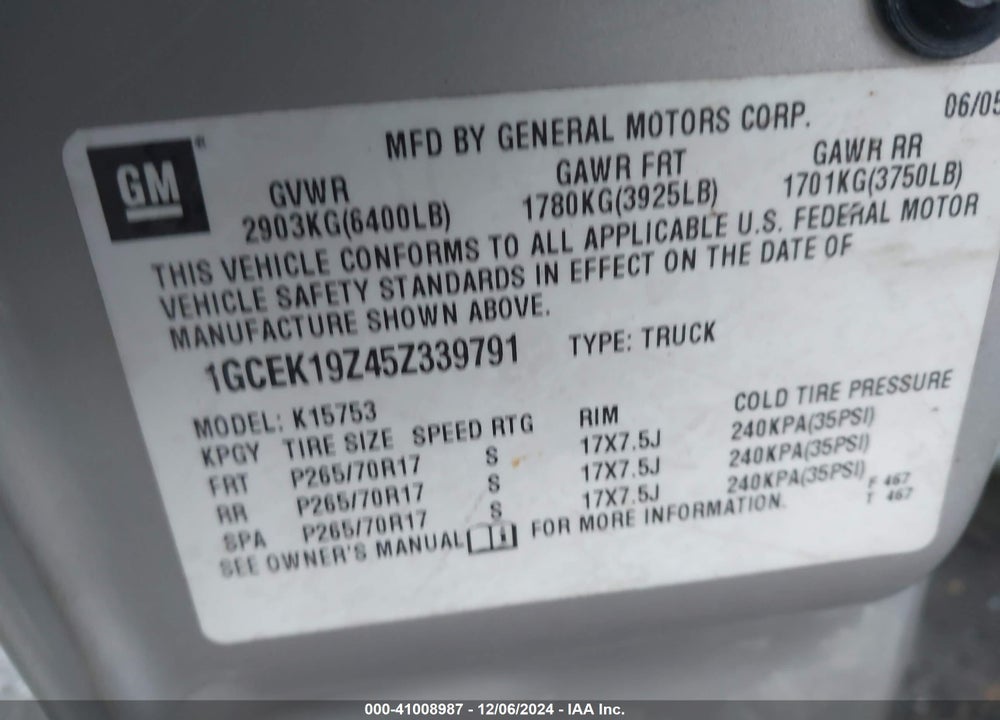 2005 CHEVROLET SILVERADO 1500 Z71 VIN: 1GCEK19Z45Z339791