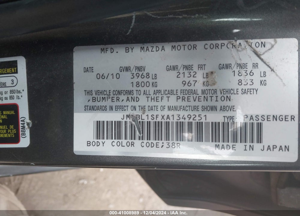 2010 MAZDA 3 I TOURING VIN: JM1BL1SFXA1349251