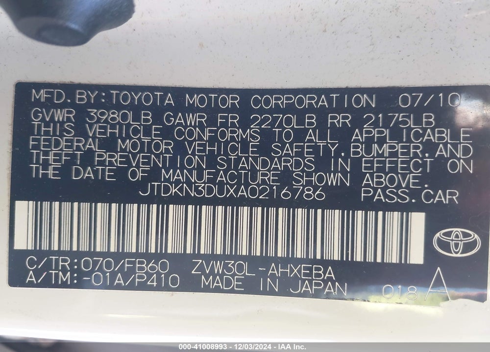 2010 TOYOTA PRIUS VIN: JTDKN3DUXA0216786
