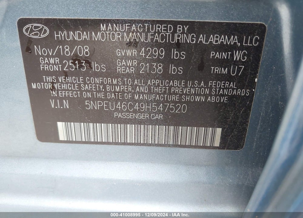 2009 HYUNDAI SONATA LIMITED VIN: 5NPEU46C49H547520