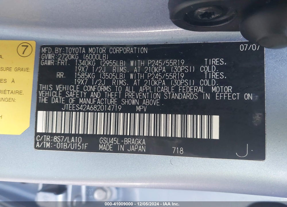 2008 TOYOTA HIGHLANDER LIMITED VIN: JTEES42A682014719