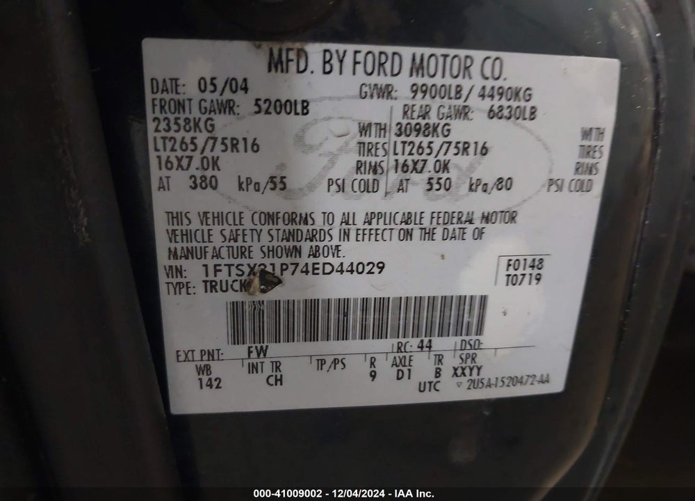 2004 FORD F-350 LARIAT/XL/XLT VIN: 1FTSX31P74ED44029