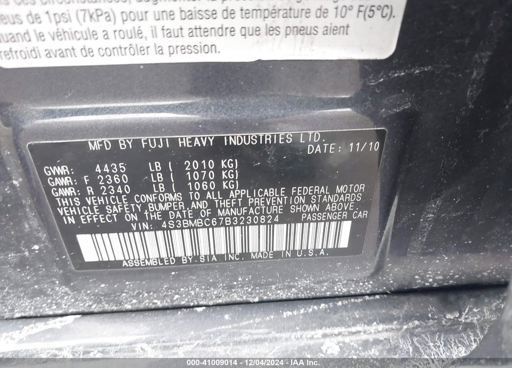 2011 SUBARU LEGACY 2.5I PREMIUM VIN: 4S3BMBC67B3230824