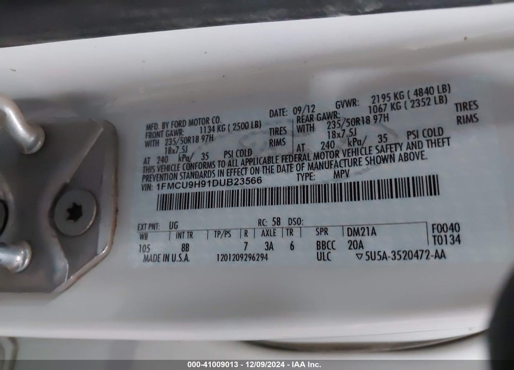 2013 FORD ESCAPE SEL VIN: 1FMCU9H91DUB23566