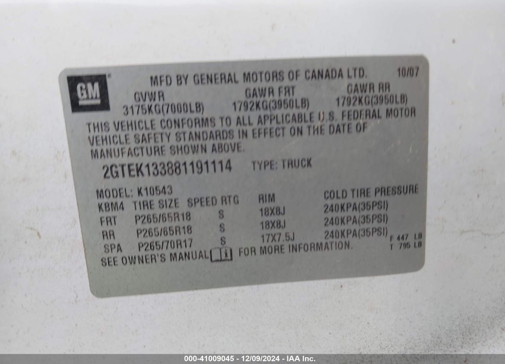 2008 GMC SIERRA 1500 SLT VIN: 2GTEK133881191114