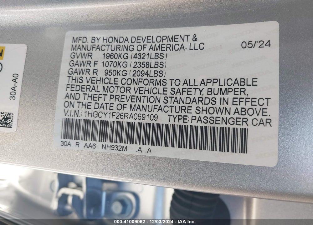 2024 HONDA ACCORD LX VIN: 1HGCY1F26RA069109
