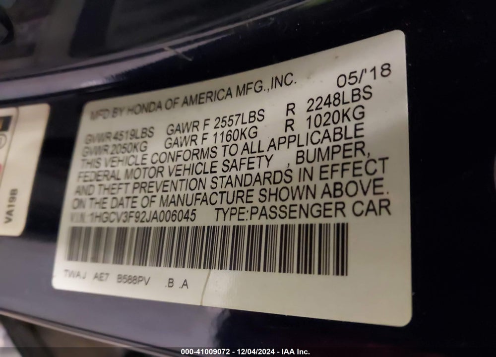 2018 HONDA ACCORD HYBRID TOURING VIN: 1HGCV3F92JA006045