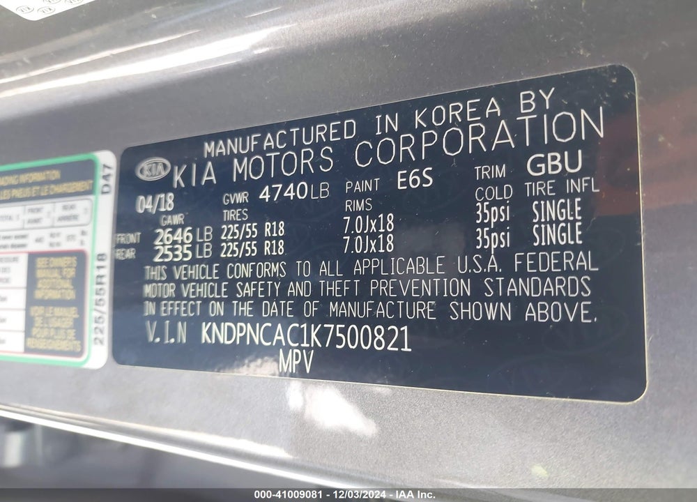 2019 KIA SPORTAGE EX VIN: KNDPNCAC1K7500821