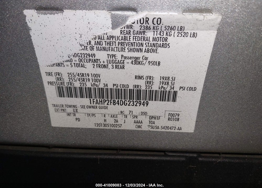 2013 FORD TAURUS VIN: 1FAHP2F84DG232949