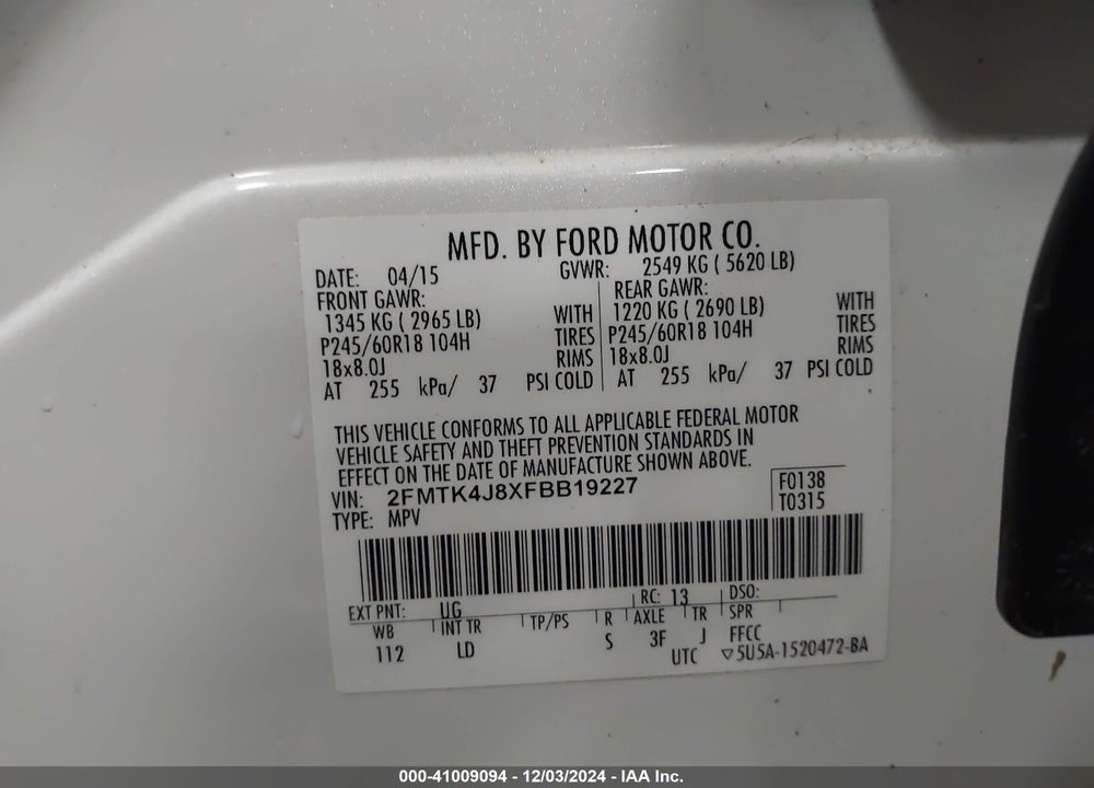 2015 FORD EDGE SEL VIN: 2FMTK4J8XFBB19227