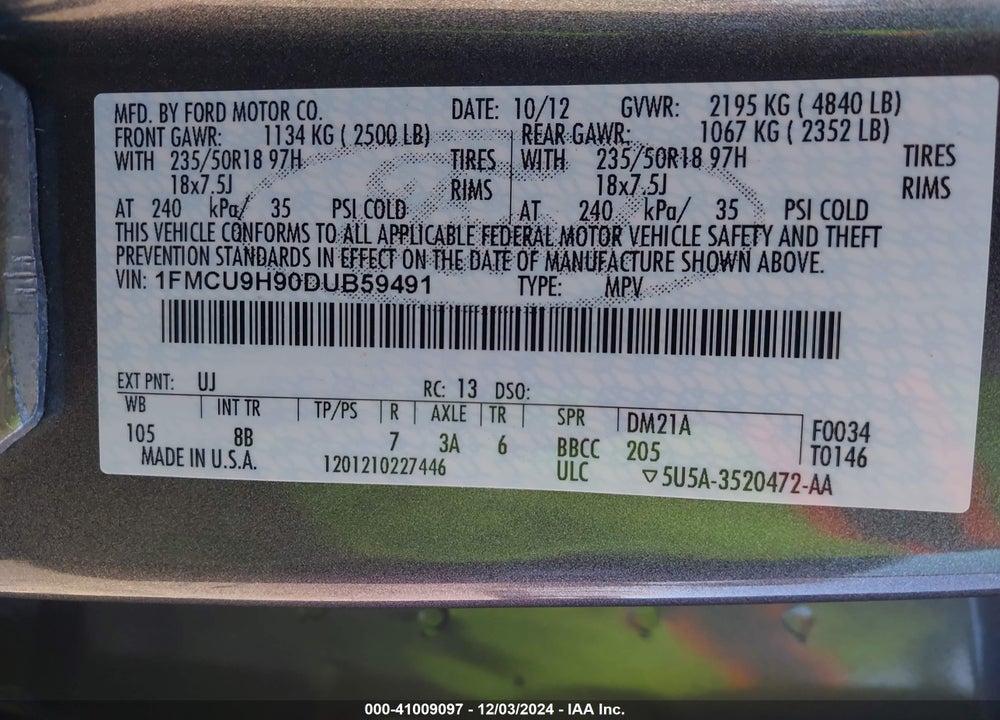 2013 FORD ESCAPE SEL VIN: 1FMCU9H90DUB59491