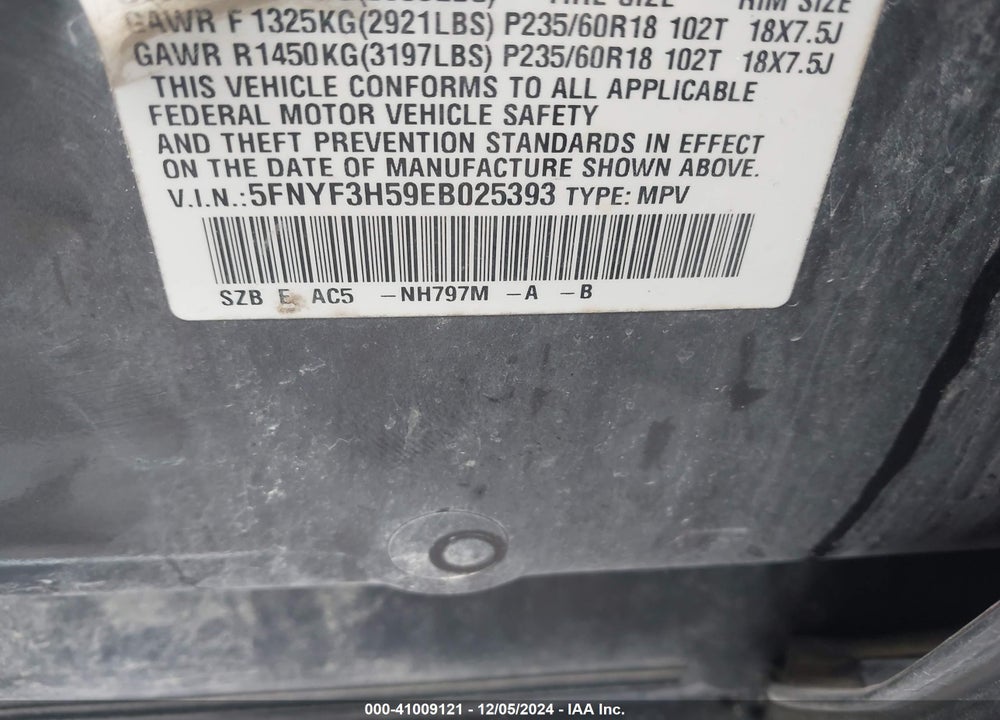 2014 HONDA PILOT EX-L VIN: 5FNYF3H59EB025393