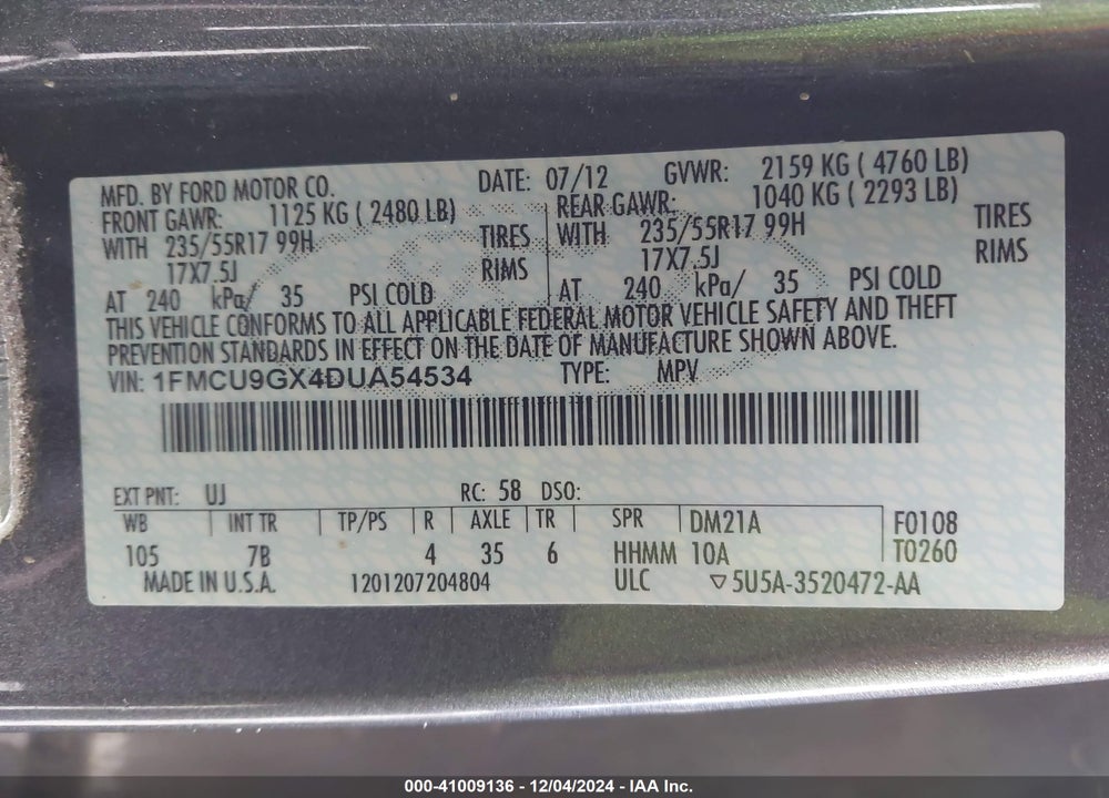 2013 FORD ESCAPE SE VIN: 1FMCU9GX4DUA54534