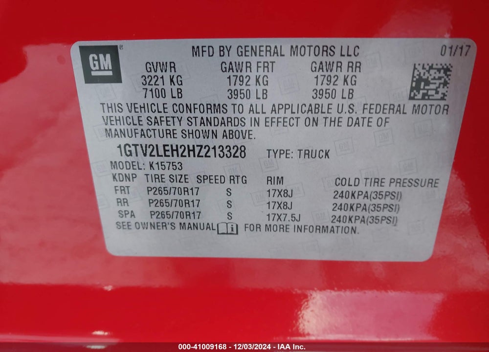2017 GMC SIERRA 1500 VIN: 1GTV2LEH2HZ213328