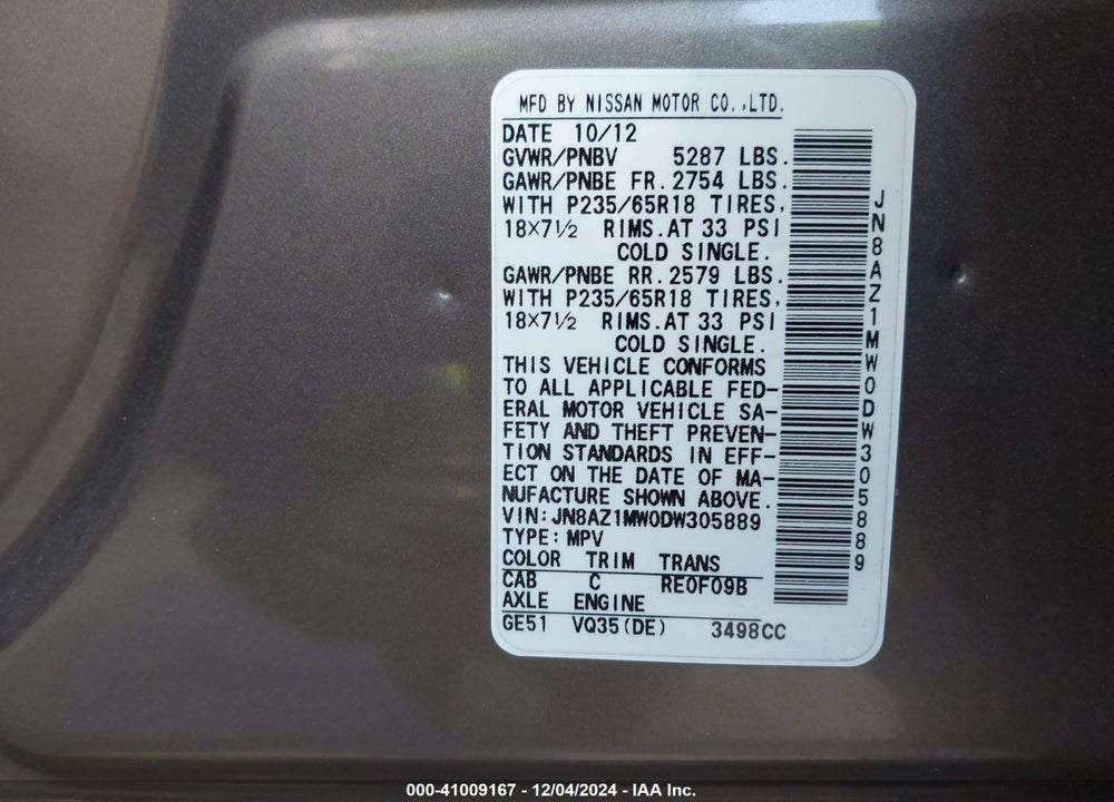 2013 NISSAN MURANO VIN: JN8AZ1MW0DW305889