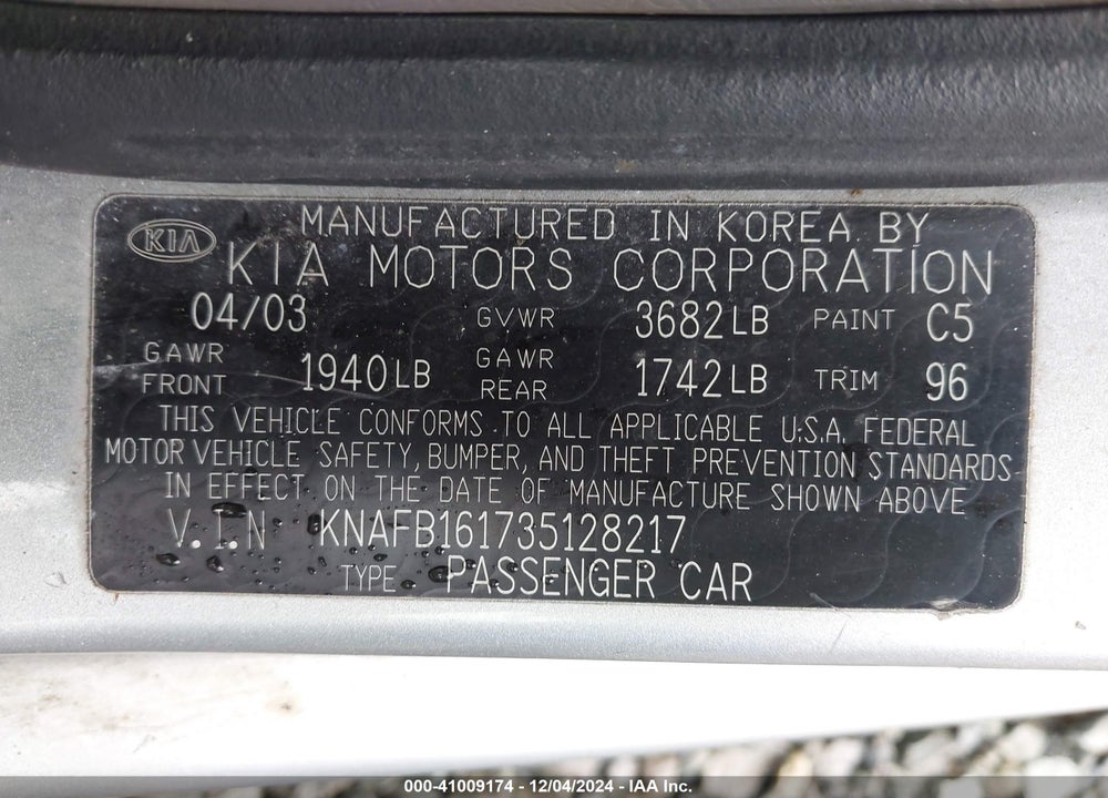 2003 KIA SPECTRA GS/GSX VIN: KNAFB161735128217