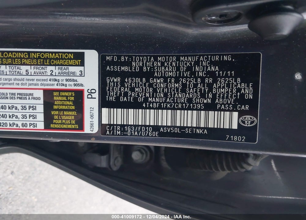 2012 TOYOTA CAMRY VIN: 4T4BF1FK7CR171395