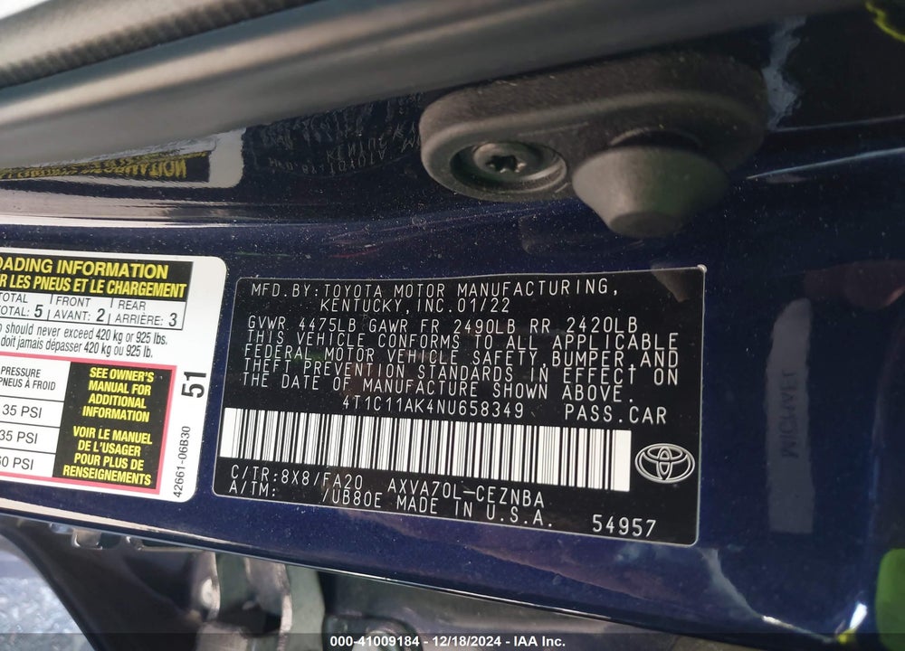 2022 TOYOTA CAMRY LE VIN: 4T1C11AK4NU658349