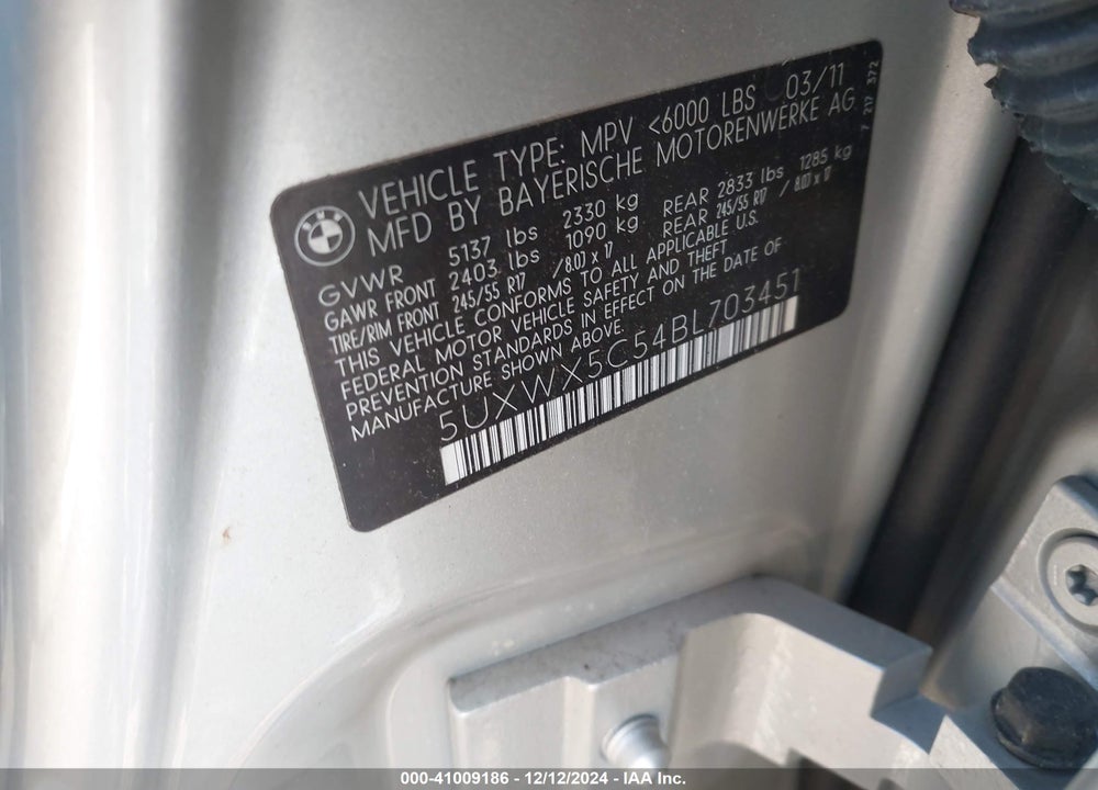 2011 BMW X3 XDRIVE28I VIN: 5UXWX5C54BL703451