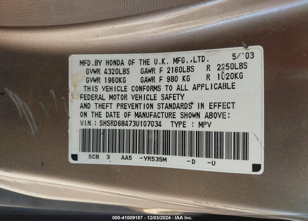 2003 HONDA CR-V LX VIN: SHSRD68473U107034
